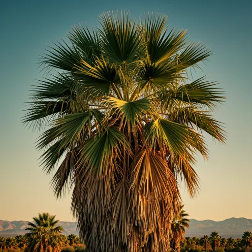 Mature, well-maintained palm trees against a bright Las Vegas desert sky